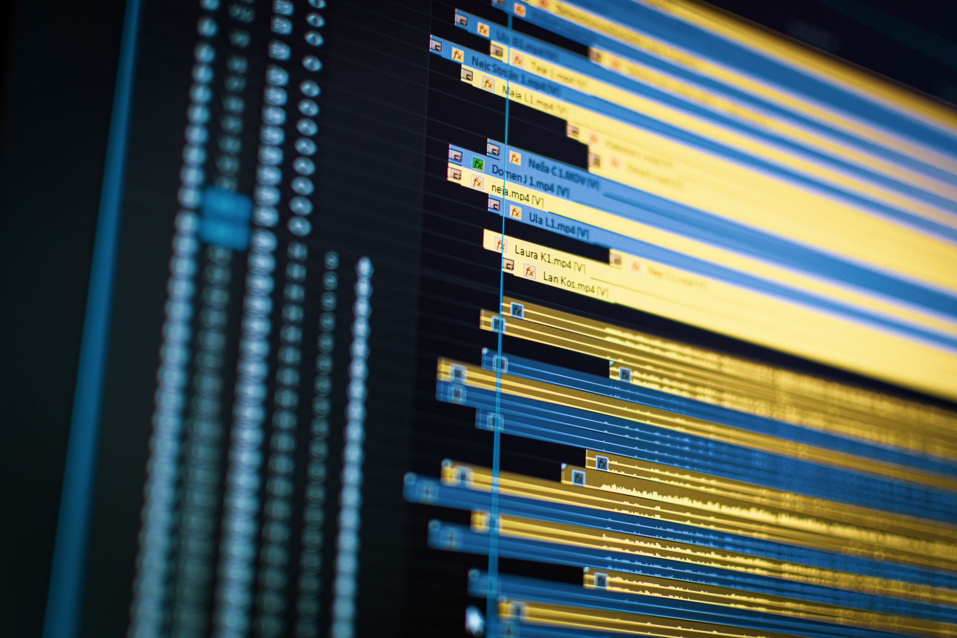 Step 1: Open export settings in your editor: Close-up of a video editing timeline on a computer screen, showcasing modern technology.