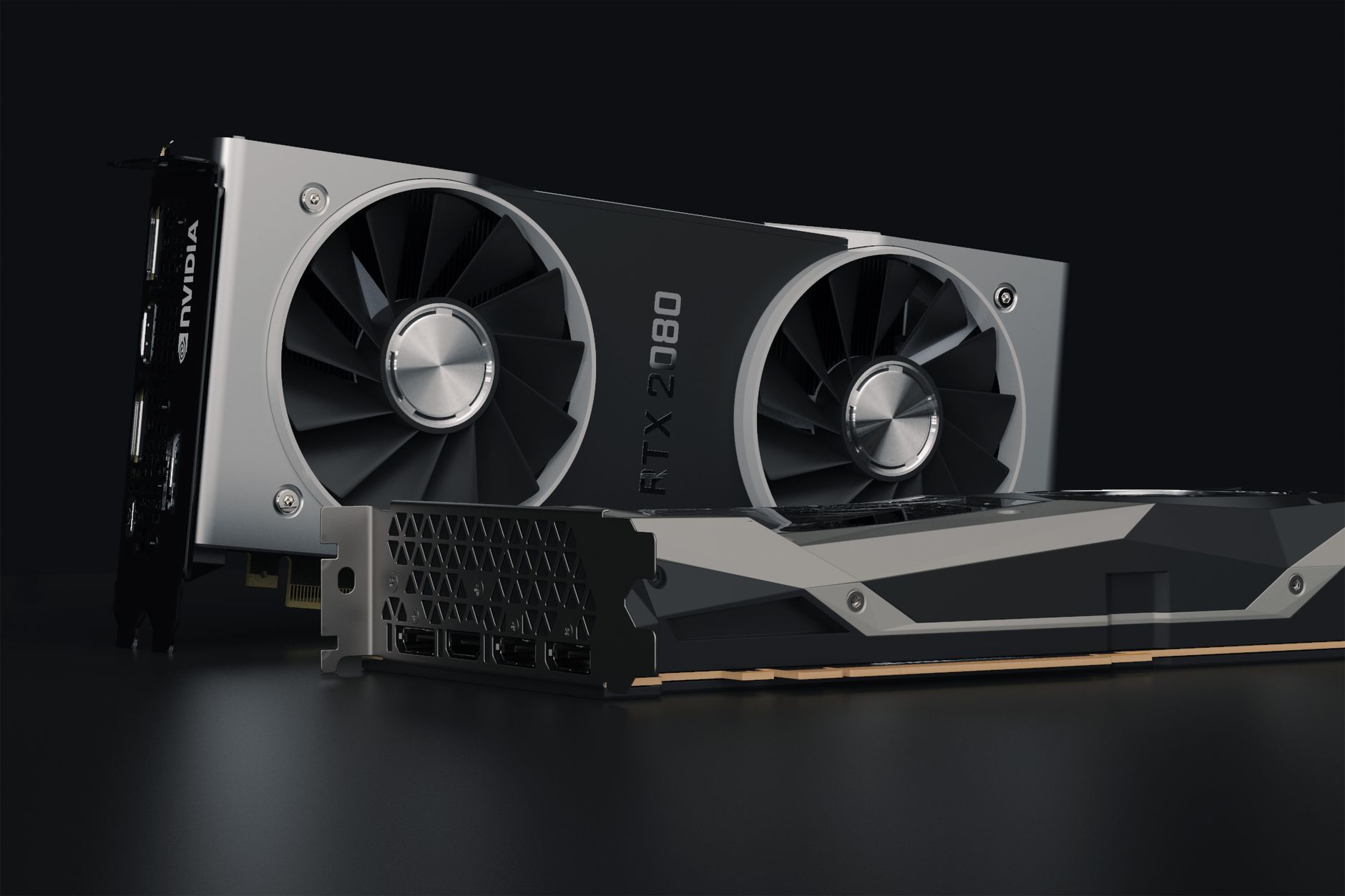 Detailed close-up image of NVIDIA RTX 2080 graphics card showcasing hardware components.